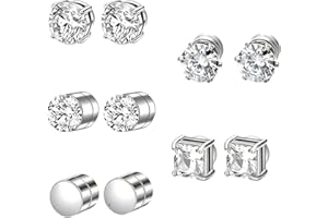 Magnetic Earrings Set for Men and Women, 5 Pairs of 6mm Stainless Steel Magnetic Stud Earrings with Zirconia, Non-Piercing, C