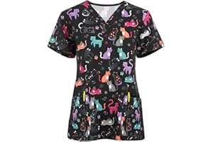 KULUZEGO Womens Short Sleeve Tops Floral Relaxed Fit Blouses for Women Vneck Work Scrub Kawaii Fall Summer Shirts 2024 UZ