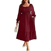 RWJ Women's Plus Size Fall Dress Long Sleeve Square Neck Floral Print Smocked A Line Boho Flowy Maxi Dresses with Pockets