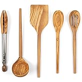 Salt & York 5-piece Olive Wooden Kitchen Utensil Set - Includes Turner, Tongs, Slotted Spoon, Ladle, and 12" Spoon - Best Wooden Spoons for Cooking - Ideal for Nonstick Cookware