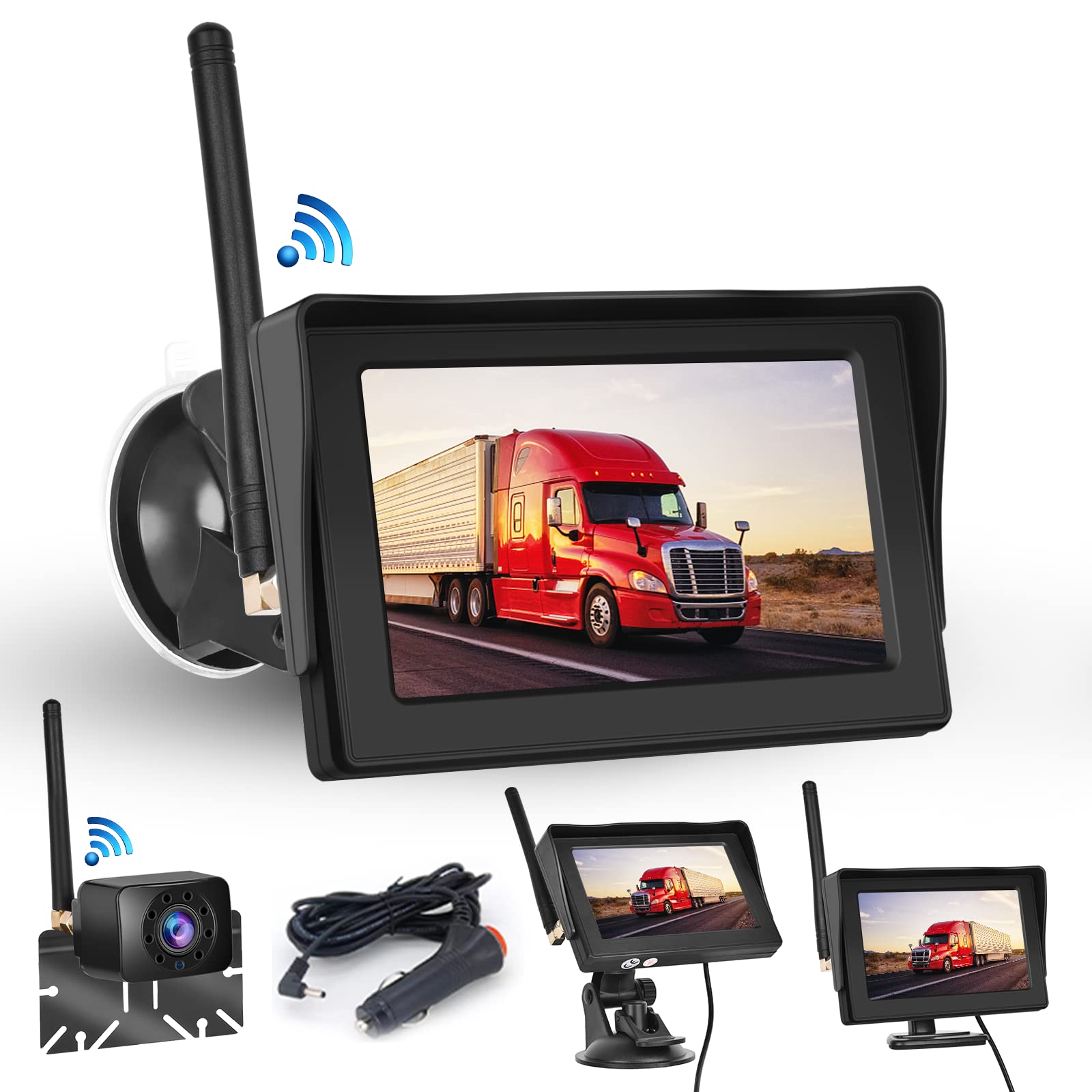 Hodozzy Wireless Digital Reversing Camera Set with 4.3 Inch IPS Screen Monitor and AHD Camera Night Vision Waterproof IP68 Backup Reversing Camera, Wireless Parking Aid 12 V for Car, Truck, Car