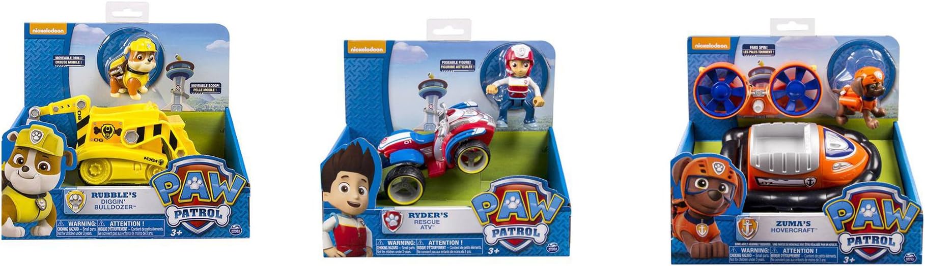 Nickelodeon Paw Patrol VEHICLES , SET OF 3Rubbles Diggin Bulldozer, Ryders Rescue ATV and Zumas Hovercraft