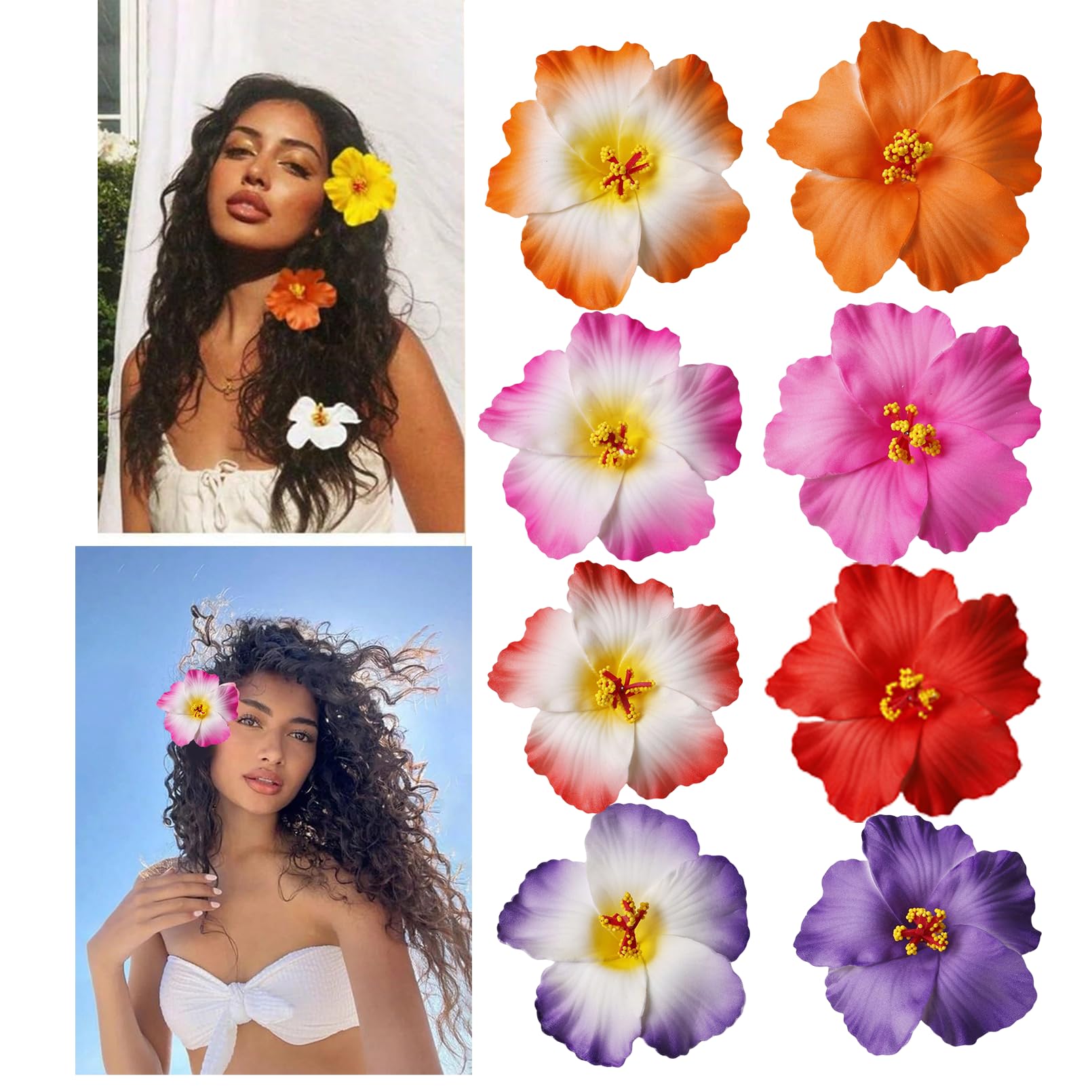 Photo 1 of 10Pcs Hawaiian Flower Hair Clips Hibiscus Plumeria Artificial Flower Clips Tropical Beach 3.5 Inch Hair Accessories for Vacation Seaside (4 hibiscus Gradient flower)