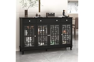 Homsee Buffet Sideboard Storage Cabinet with Glass Doors, 3 Drawers & 6 Storage Compartments, Kitchen Cupboard Console Table for Hallway and Living Room, Black (55.1”L x 15.7”W x 35.4”H)