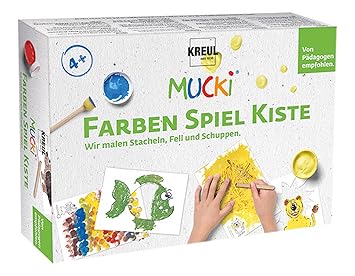Kreul 29102 - Mucki Fingermalfarbe, Farben Spiel Kiste, Wir malen Stacheln, Fell und Schuppen, Lern- und Spielset, 5 x 50 ml 