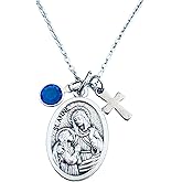 Saint Anne Necklace – Silver Catholic Medal Pendant with Cross & Birthstone – Personalized St. Anne Jewelry – Inspirational Religious Gift for Women & Teens, Mother’s Day, Confirmation, Baptism