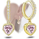Heart Hoop Earrings with Dangle Sterling Silver Love Heart-Shaped Loop Earrings for Women Hypoallergenic Sparkle Birthstone Cubic Zirconia Hoop Earring with Dangling Charms Dainty Fashion Jewelry Gift