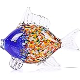 Large Hand Blown Glass Fish Figurines, Aquarium Sea Glass Art, Blue Orange Fish Statue Sculpture Modern Coastal Accent - for Beach Knick Knacks, Coffee Tables, Nautical Offices Centerpiece