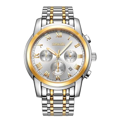 SONGDU D-9215M Chronograph Two-Tone Gold-Plated White Dial Mens Wristwatch | Analog Business Quartz - Date Display