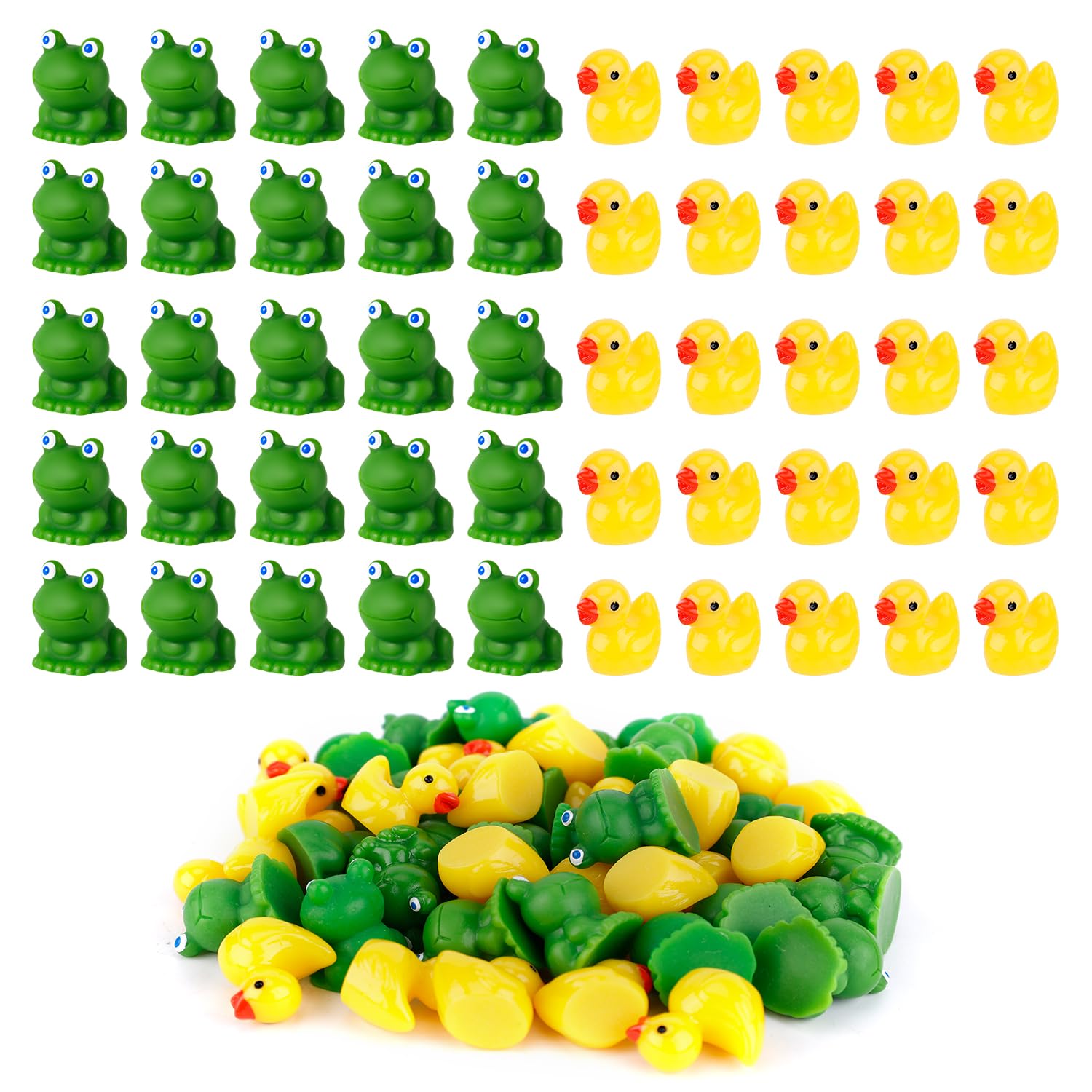 lasuroa 25pcs Tiny Frogs Figurines & 25pcs Mini Resin Ducks, Miniature Resin Frogs Tiny Duck Figures Mini Animals Ornaments for Crafts Garden Landscape Dollhouse Decor