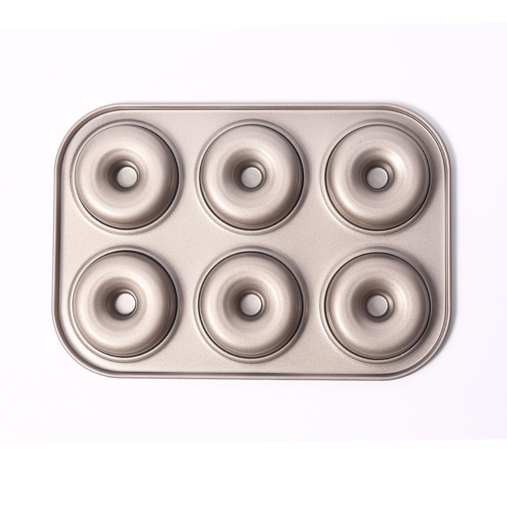 MZCH 6-Cavity Non-stick Donut Pan, Heavy-duty Carbon Steel Mini Donut Makers, FDA Approved, 11 by 7 inches, Round, Champagne Gold