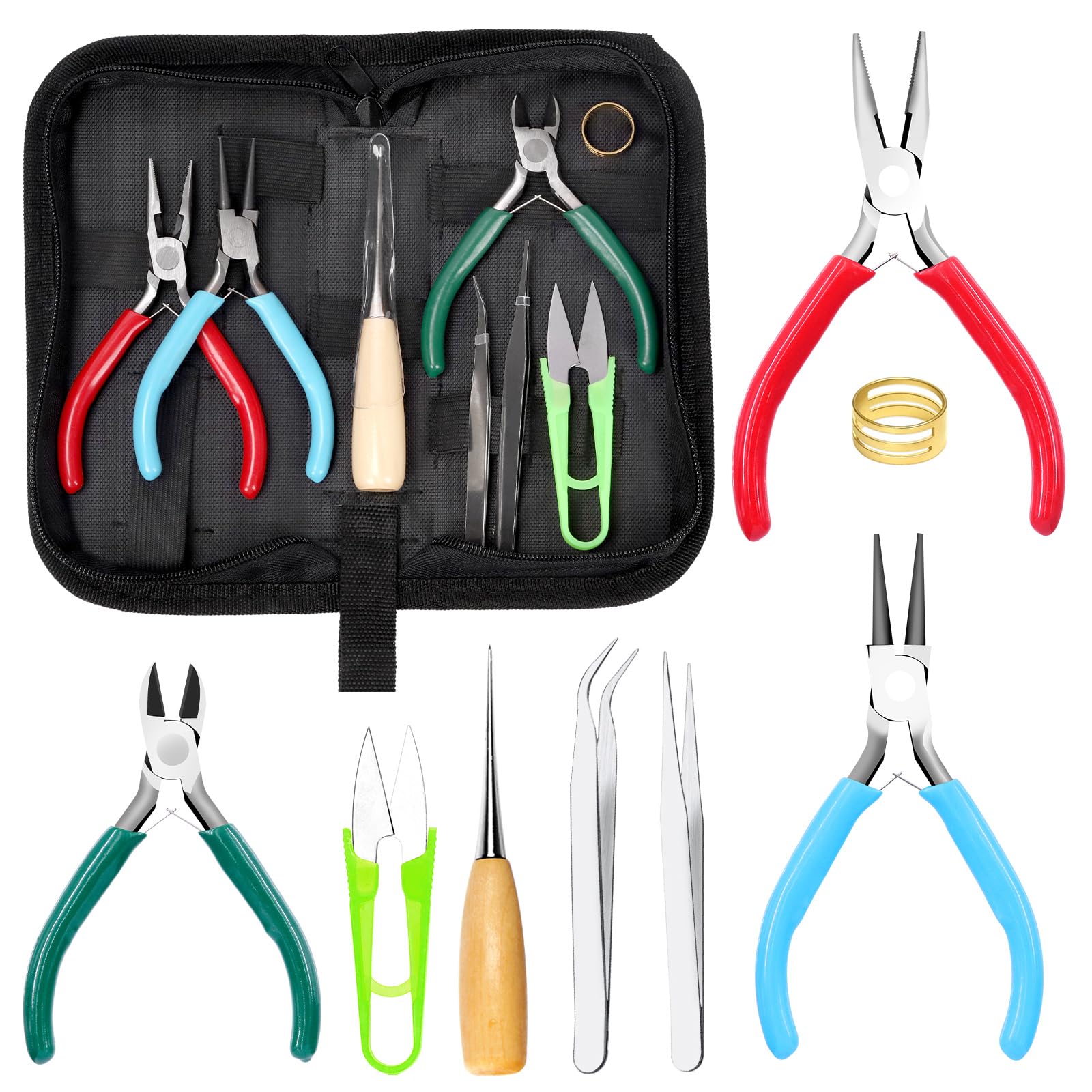 Rustark 9Pcs Jewelry Pliers Set, Long Nose Pliers, Diagonal Wire Cutter, Round Nose Bent Nose Pliers, End Cutting Pliers, Bail Making Pliers, Bead Crimping Pliers, Split Ring Plier for Jewelry Making