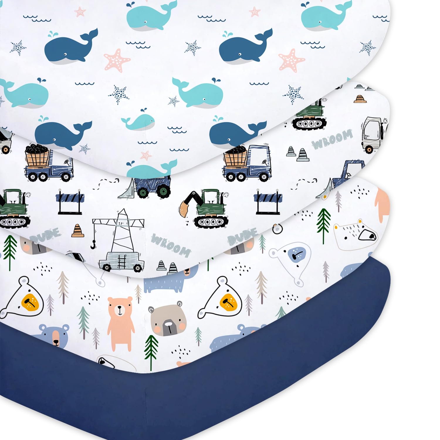Photo 1 of Plushii 4 Pack Fitted Crib Sheets for Baby Boys, 28"x 52" Extra Soft Microfiber Crib Sheet Set for Standard Crib & Toddler Mattress Pad, Whale & Trucks & Little Bear & Navy Blue