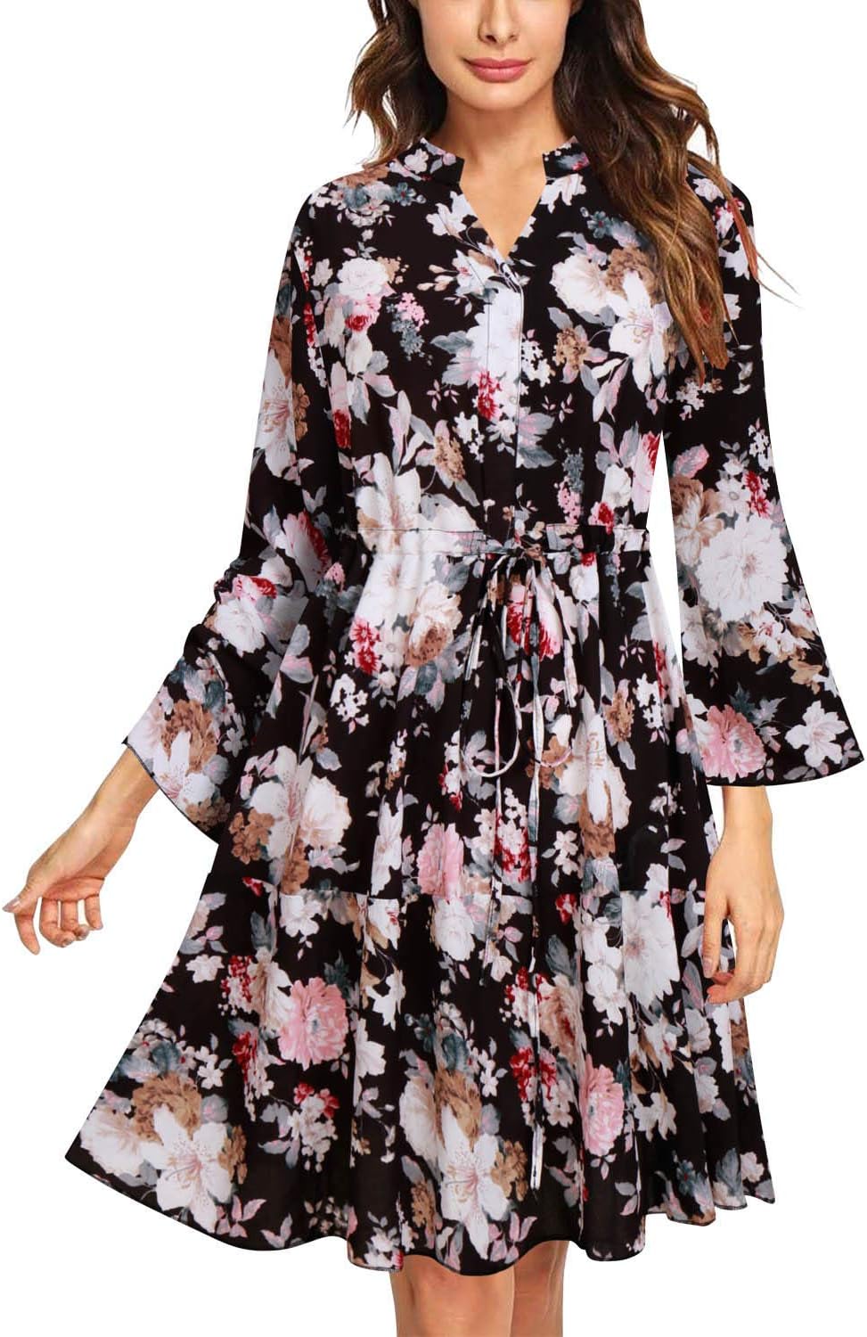 VIUVIU Midi Dresses for Women,Summer Vintage Adjustable Belt Floral Printed Swing Dresses for Beach Black L