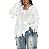 RoseSeek Women's Plus Size Ripped Distressed Sweaters V Neck Long Sleeve Gothic Fringe Sweater Y2K Jumper Fall Outfits