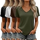 Riyiper 4 Pack Women's V Neck T Shirts, Summer Casual Short Sleeve Tops Loose Rolled Sleeve Tees Trendy Shirts