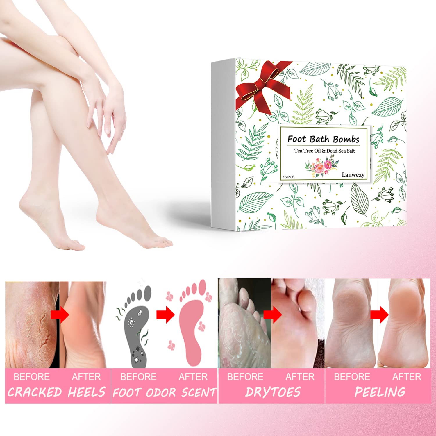Bath Foot Bombs, 16 Pack Foot Soak with Bath Salt and Tea Tree Oil. Organic Natural Handmade Aroma Pure Essential Oil Bubble Foot Balls for Feet Callus, Dry Cracked, Stubborn Feet Odor Scent.