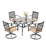 PHI VILLA 5 Pieces Outdoor Dining Set for 4, 37” Square Metal Steel Table with Mesh Tabletop & Swivel Wrought Iron Chairs with Cushions, Outside Furniture Set for Patio, Deck, Yard, Porch