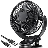 ATEngeus Rechargeable Clip-on USB Desk Fan, 3 Speeds, 5000mAh Battery, 720Rotation, Sturdy Clamp for Home, Camping, Treadmill and Car