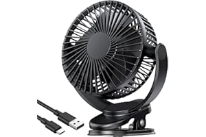ATEngeus USB Fan, Rechargeable Portable Fan, Clip on Fan, Battery Operated Fan, 3 Speeds, 5000mAh USB Desk Fan, 720°Rotation, Sturdy Clamp for home, Camping, Treadmill and car