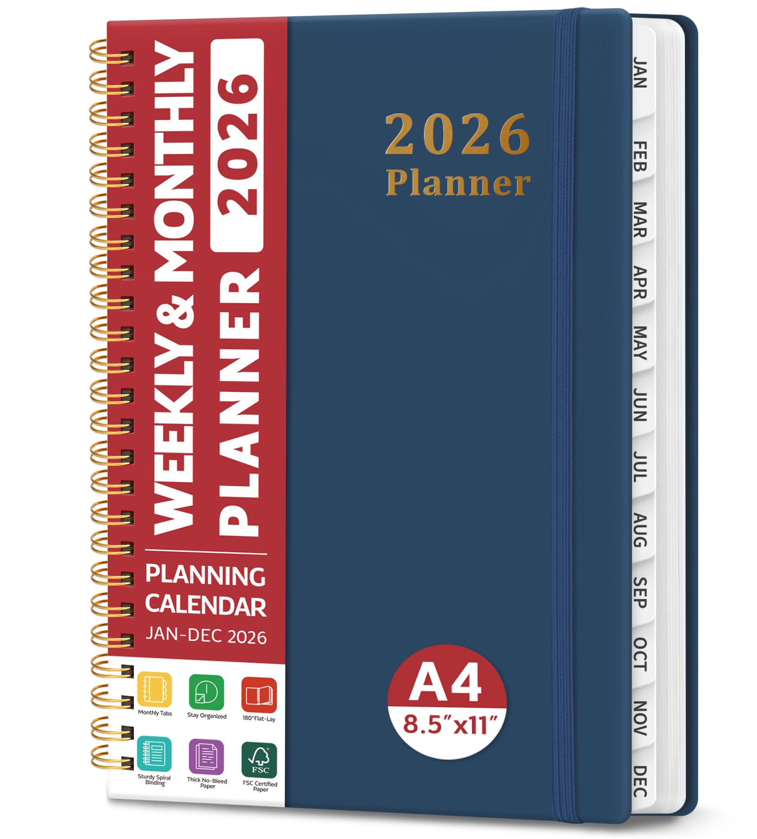 Photo 1 of 2026 Planner, Weekly and Monthly Calendar Planner, January 2026 - December 2026, Hardcover 2026 Calendar Book with Tabs For Women & Men, Inner Pocket, Spiral Bound, Perfect for Office Home School Supplies - A4 (8.5" x 11"), Navy