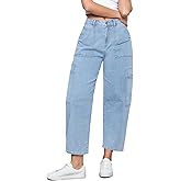 GRAPENT Barrel Jeans for Women Trendy High Waisted Cropped Cargo Pocket Baggy Stretch Denim Pants Wide Leg Tapered Jeans