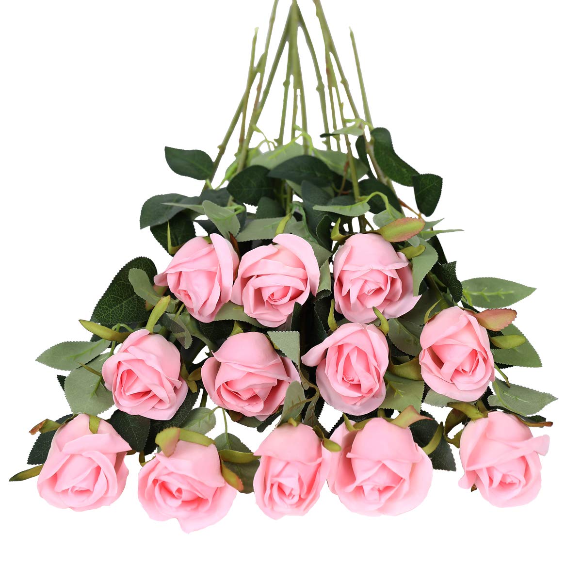 Tifuly Artificial Flowers,12 Pcs Single Long Stem Fake Rose Silk Flowers Faux Rose Bridal Bouquet Realistic Flower for Wedding Party Home Table Decoration Centerpieces(Bud Roses,Pink)