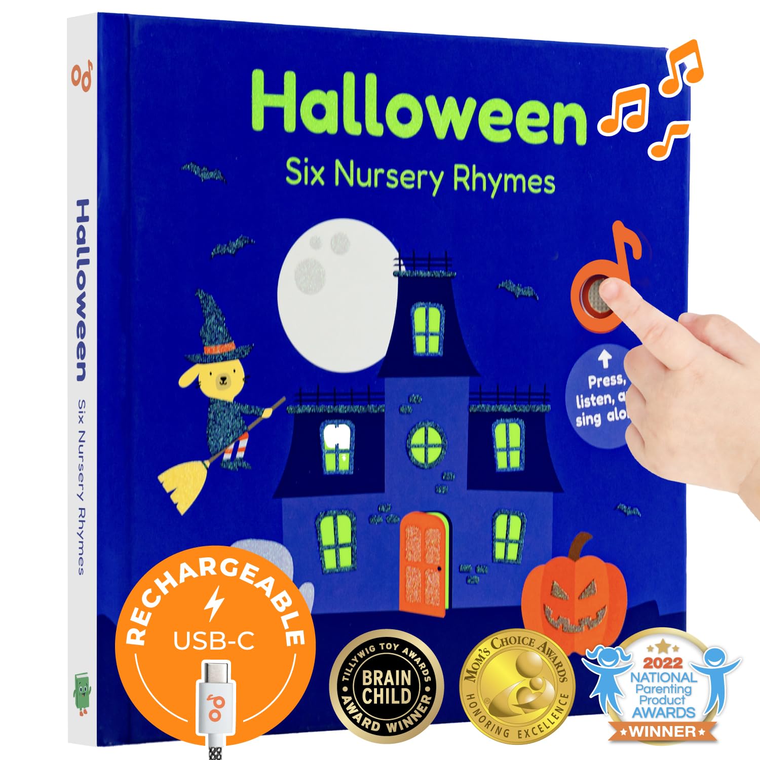 Cali's Books Halloween Books for Kids - Glow in The Dark Musical Book for Toddlers 1-3, Halloween Toys Singing Music Book, USB-C Rechargeable Baby Nursery Rhymes Learning Song Toy for 2 Year Old