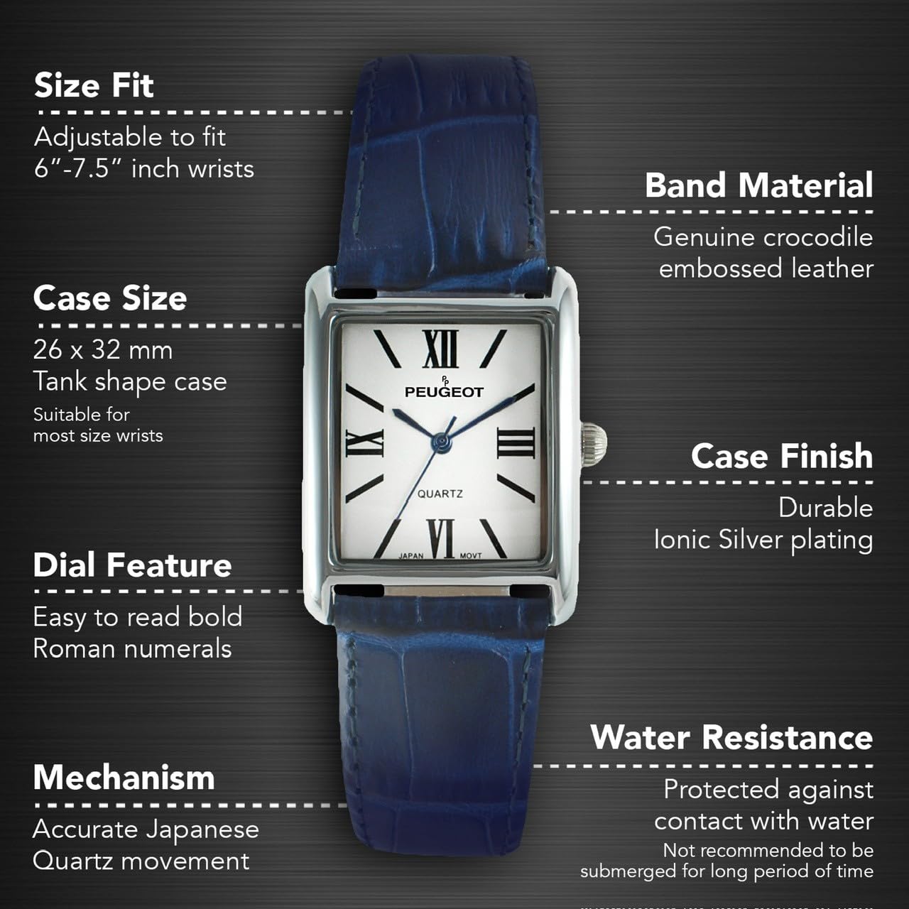 Women's Tank Watch Roman Dial Blue Leather Strap