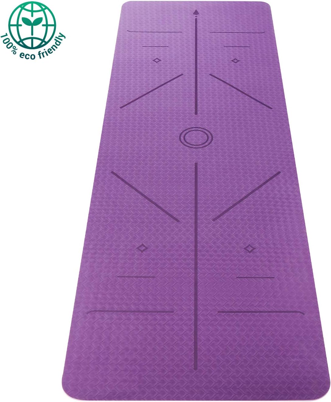 Oudort Yoga Mat with Non-Slip Alignment Lines, Eco-Friendly TPE Yoga Mat 1/4inch(6mm) Thick Exercise Mat Pilates Mat with Carrying Strap for Yoga, Pilates, Gym and Floor Exercise, 72"x24",Purple