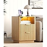 Zeibospri Fluted Nightstand with Charging Station, 15" Wide End Table with Storage Drawers, LED Light & Glass Top, Curved Profile, Wooden Bedside Table for Bedroom, Natural Oak