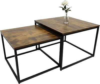 Conjunto de 2 mesas laterais, design industrial, 65/75 cm, Efeito Madeira e Metal, quadrado, castanho/preto