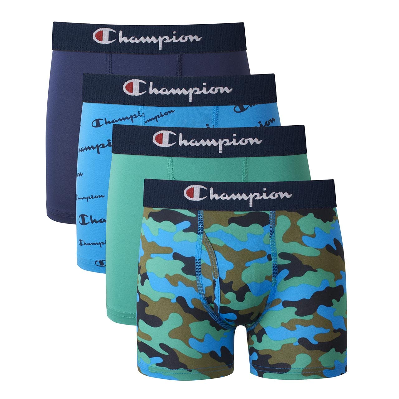 Photo 1 of Champion Boys' Underwear, Everyday Active Stretch Boxer Briefs, Assorted 4-Pack, Navy/Green/Camo/Scripts, Medium