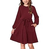 BesserBay Girls Long Sleeve Dresses Removable Tie Belt Fall Ribbed Dress Ruffle Hem with Pockets 6-14 Years