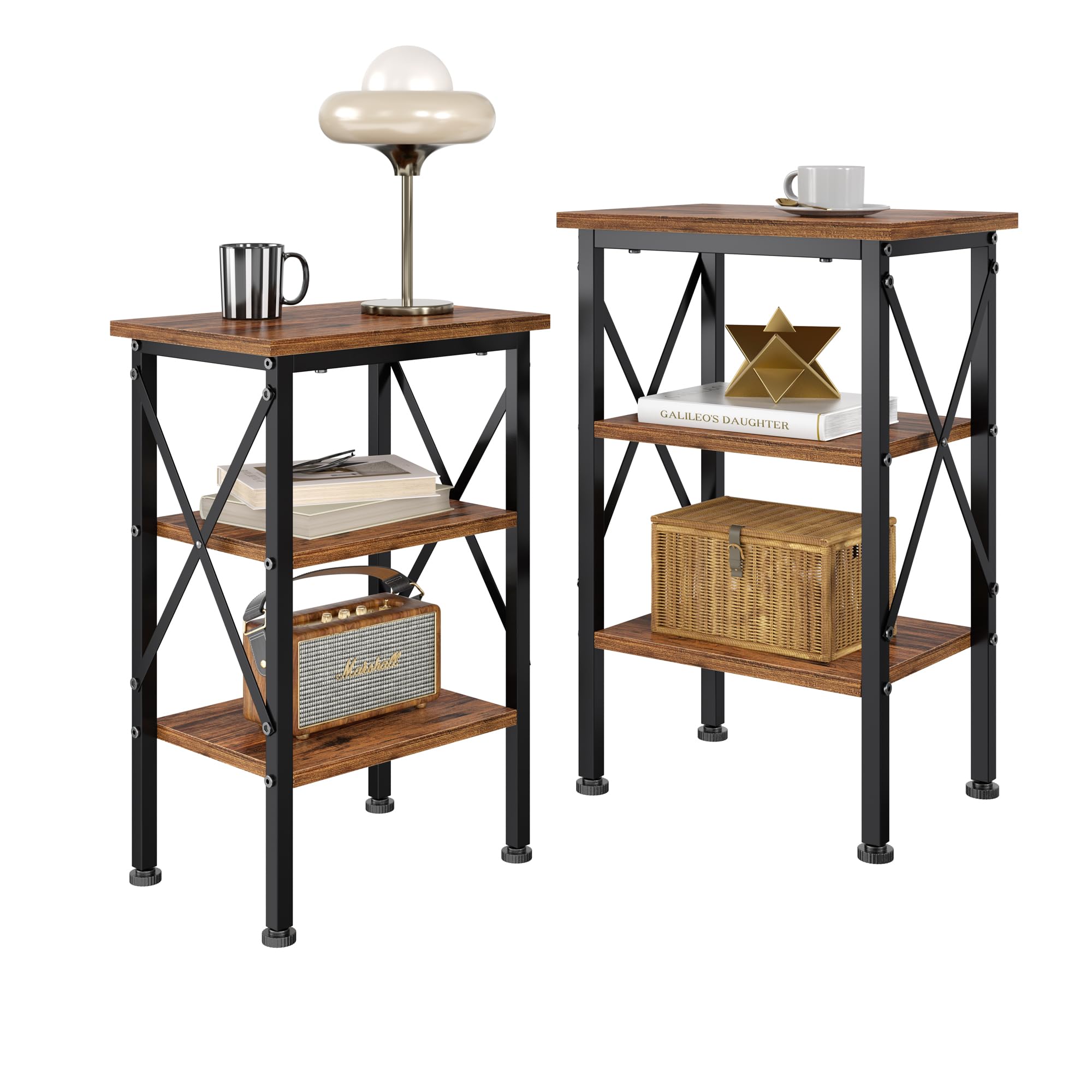 VECELO End Table Set of 2, Bedside Table, 24" Tall Living Room End Tables, X-Design Reinforced Nightstands, Side Table with 3-Tier Storage Shelves for Small Spaces, Office, Bedroom, Rustic Brown Image
