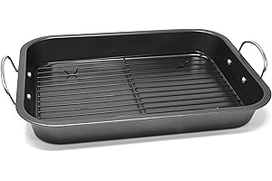Nonstick Roasting Pan with Grill Rack - 15 Inch Turkey Roaster Rectangular Pan with Handles and Removable Rack, Stainless-Steel Deep-Dish Pan by PERLLI