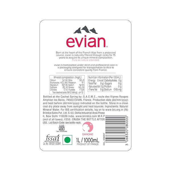 EVIAN NATURAL SPRING WATER, 1 L BOTTLES, 6 PACK