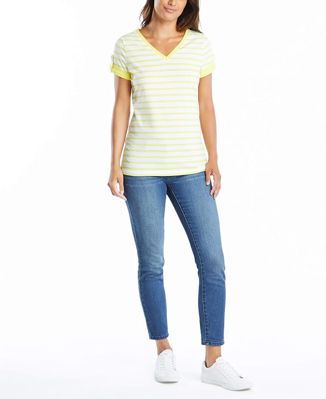 Camiseta de algodón elástico súper Suave a Rayas con Cuello en V Easy Comfort Mujer, Lemon Twist, XS