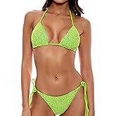 Women's Shiny Triangle Bikini Set Sequin Halter String Backless Tie Side Two Piece Swimsuit Bathing Suit
