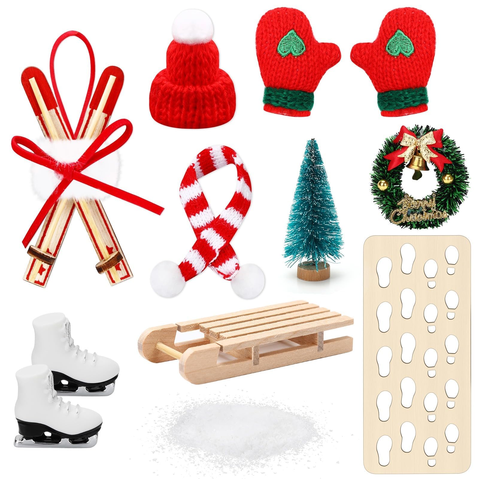 MARFOREVER Miniature Christmas Sleigh Decoration Set, 10-Piece Accessories with Ski Boots, Snowflakes, Reindeer Tracks, Knitted Hat and Snow Board - Decoration for Secret Santa House, Dollhouse and