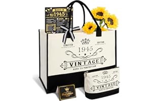 YEOHJOY 80th Birthday Gifts for Women Canvas Tote Bag Travel Gear, Unique 80 Years Old Birthday Gifts for Mom Wife Aunt Friends Her, Vintage 1945 Handbag & Cosmetic Bag & Back in 1945 Poster