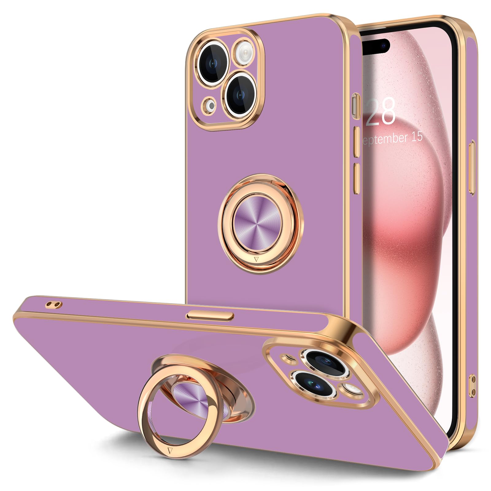 Hython for iPhone 15 Plus Case with Ring Stand, 360° Rotatable Ring Holder Magnetic Kickstand, Plating Rose Gold Edge Soft Cover Luxury Protective Phone Case for iPhone 15 Plus 6.7", Purple