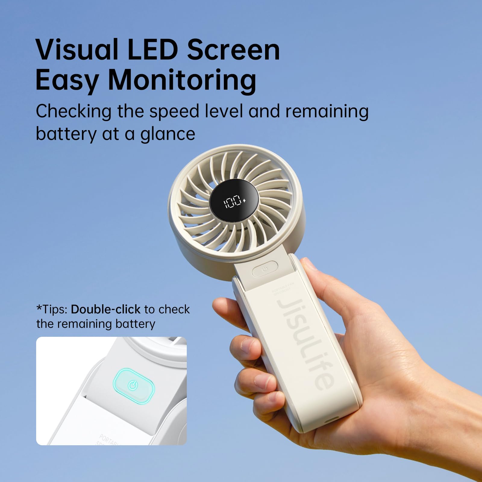 JISULIFE Handheld Fan Life7 – Ultimate Flexibility: High-Power Motor, LED Display, 13 Hrs Cooling, 3600mAh Rechargeable, 5-Speed, Foldable Design, 3-IN-1 Portable Fan for Travel Cruise Beach(Grey)