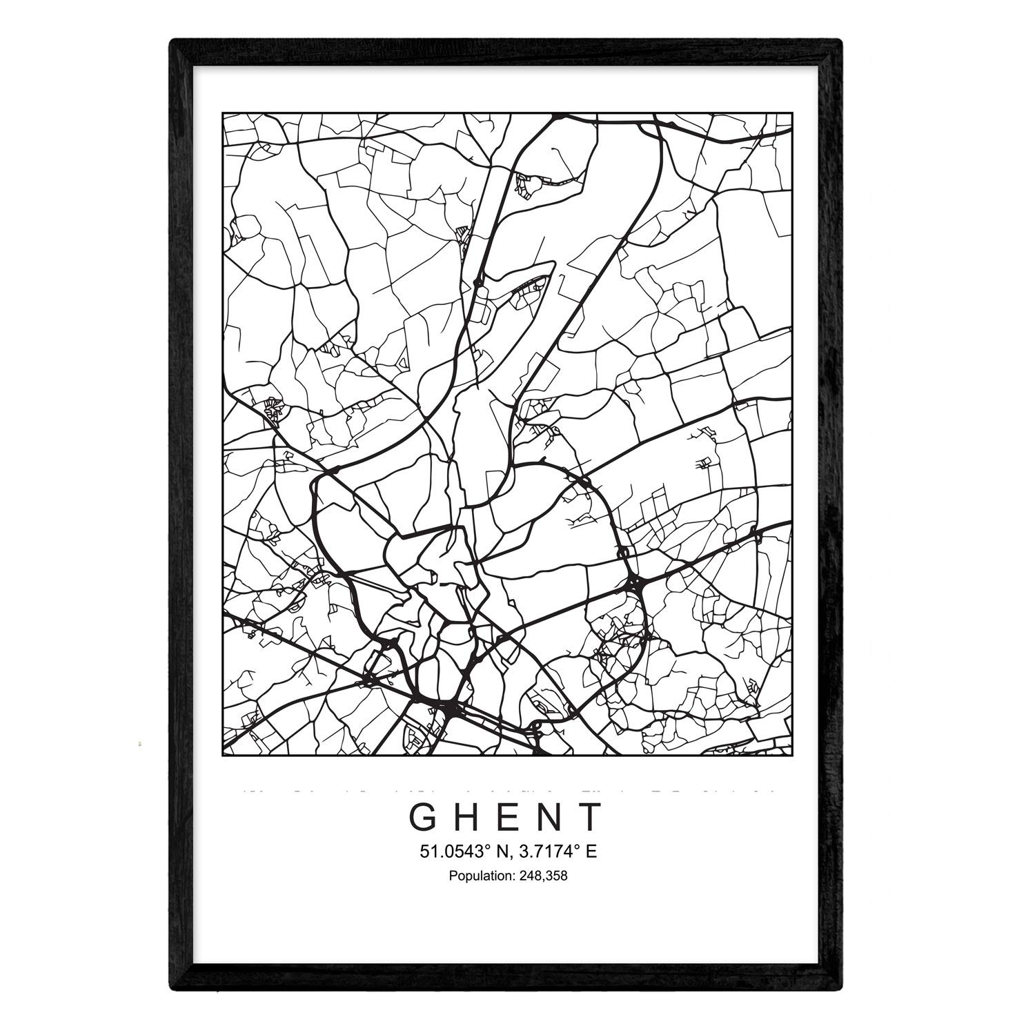 Nacnic Print Ghent city map Scandinavian style in black and white. A3 size,printed poster paper No 250 gr. Paintings, prints and posters for living room and bedroom