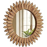 VETROVUE 24 Inch Brown Boho Wall Decor Sunburst Mirror - Round Wooden Wall Decor, Handmade Rustic Circular Mirror for Living Room, Bedroom, Entryway, Office
