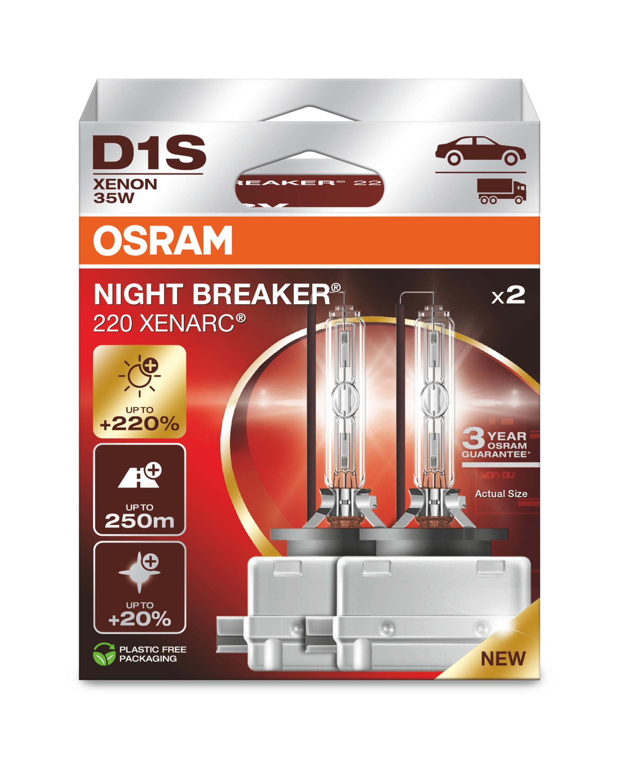 Photo 1 of Osram Xenarc Night Breaker 220, D1S, +220% More Brightness, Xenon Headlight Bulb, 66140XN2-2HB, Folding Box (2 Lamps)