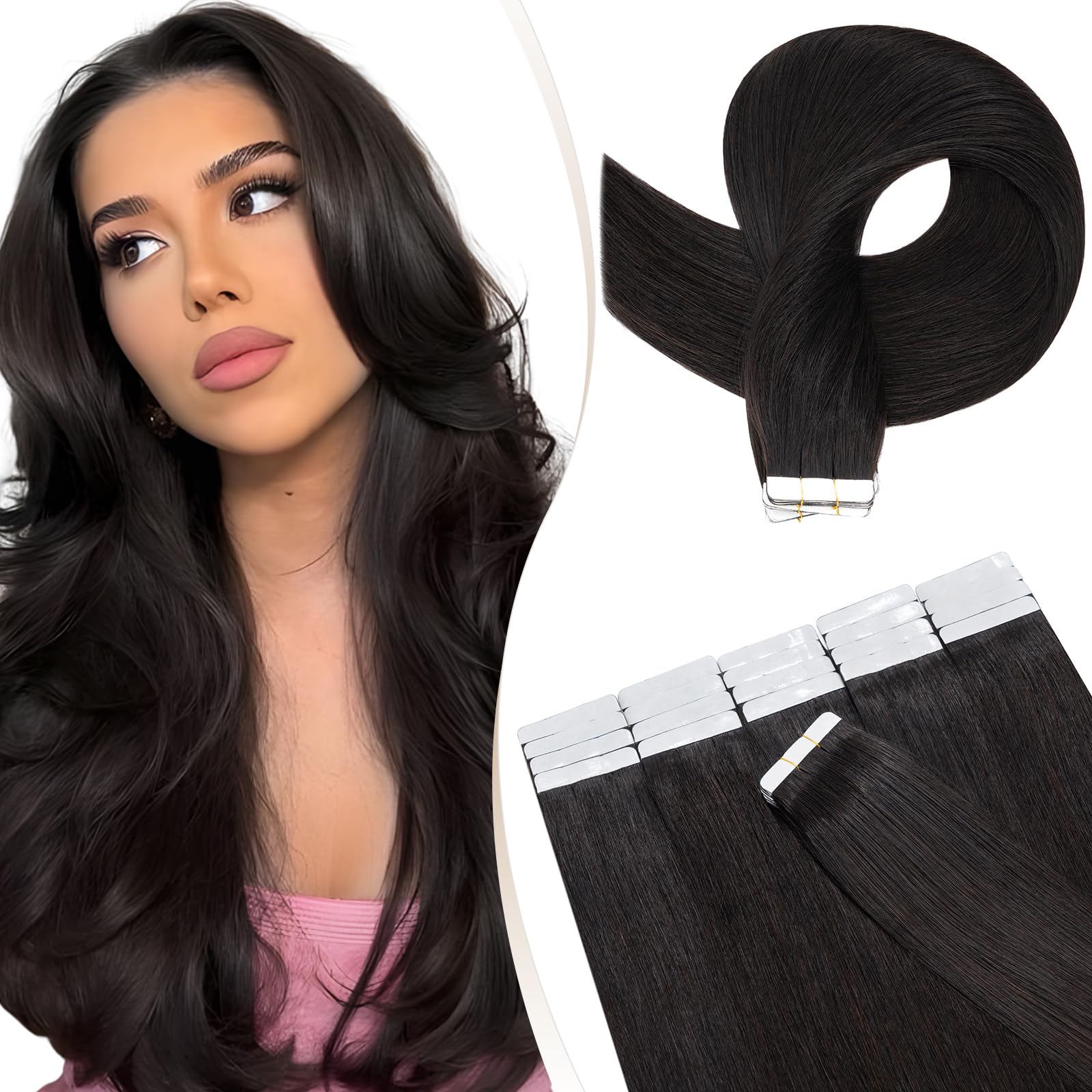 Elailite 20 Pcs Tape Hair Extensions Real Human Hair - Thin Type - Seamless Skin Weft Remy Hair Extension (#1B Natural Black, 18 Inch) — image 1