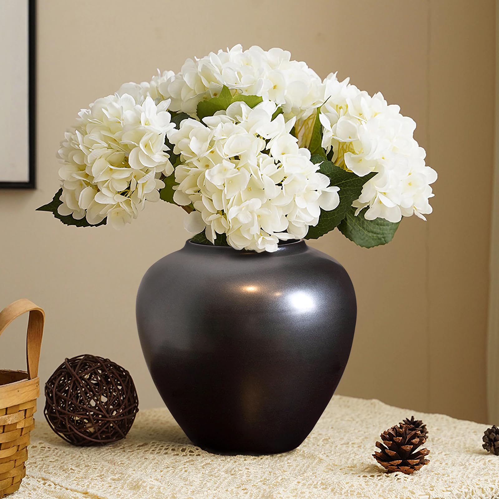 Photo 1 of GeLive Black Ceramic Vase 7 Inch Round Jar for Fresh/Dried Flowers Table Centerpiece Minimalist Home Decor Handmade Pottery Planter Pot Kitchen Utensil Holder Glossy Finish Waterproof