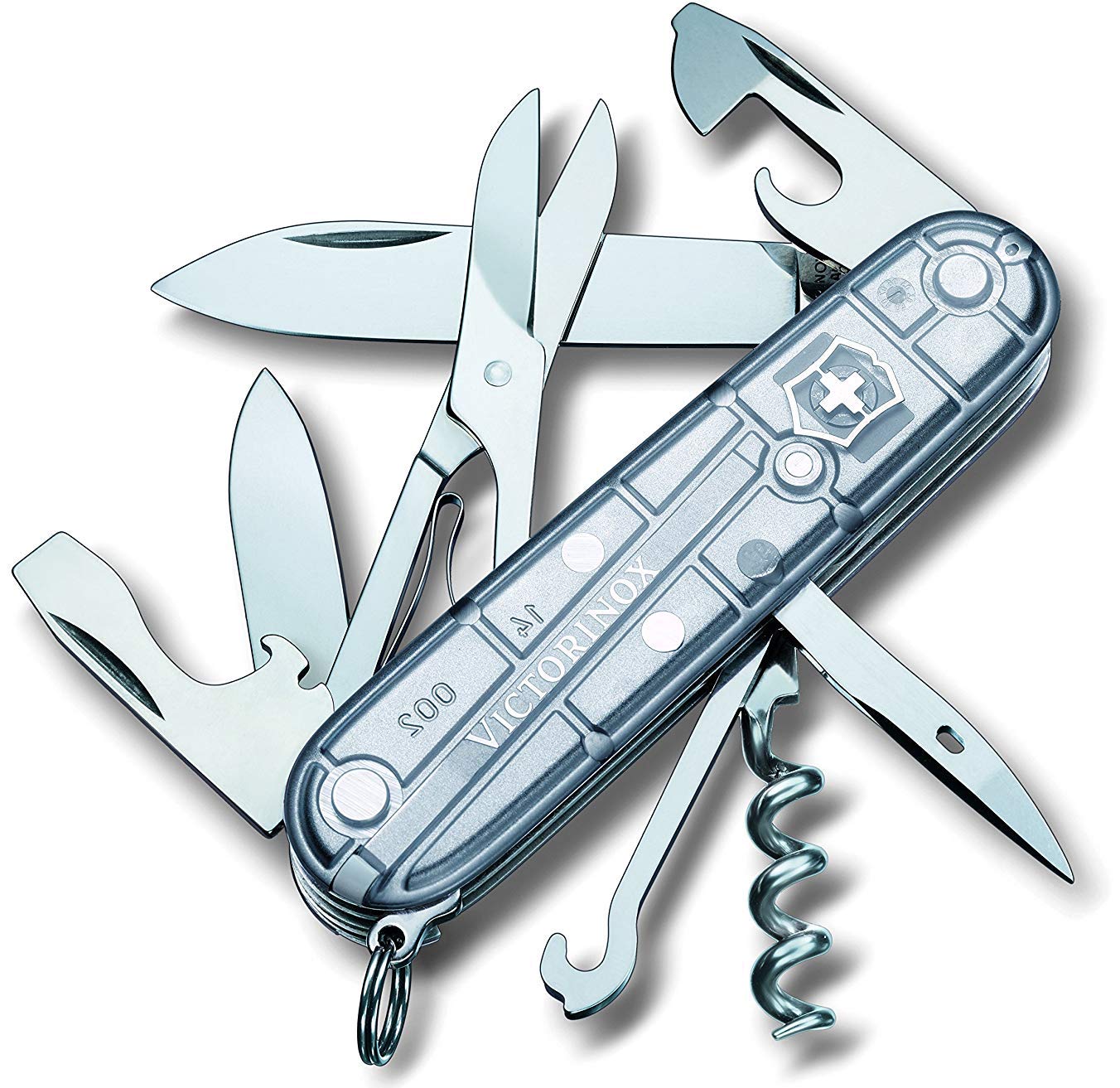 Victorinox Climber Swiss Army Pocket Knife, Medium, Multi Tool, 14 Functions, Blade, Bottle Opener, Silver Transparent