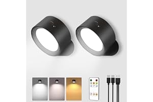 AMETHEUS LED Wall Mounted Lights, Rechargeable Wall Sconces Lamp, 3 Color Temps & Remote and Touch, 360°Rotation Dimmable Cordless Wall Light for Study Bedroom Reading Bedside(Black, 2 Pack)